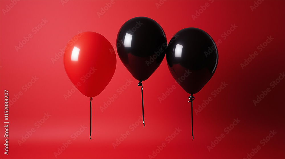 shiny black and red ballons on the right isolated on matte red background shiny black and red ballons on the right isolated on matte red background