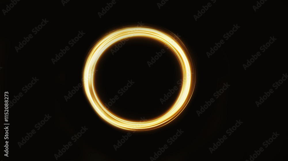 Abstract Golden circle round ring frame Portal with glowing golden lines and glitter particles isolated on black background with golden sparkles, VFX
