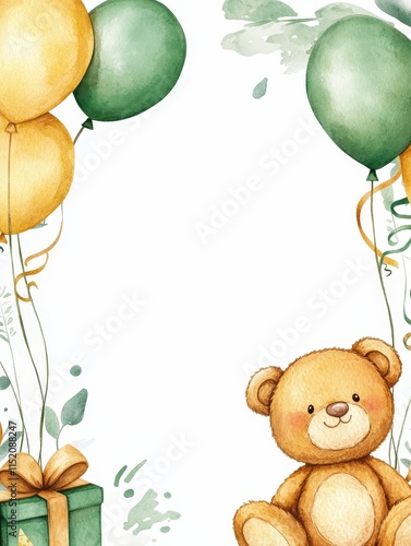 A teddy bear is sitting in front of a frame with balloons and a gift box