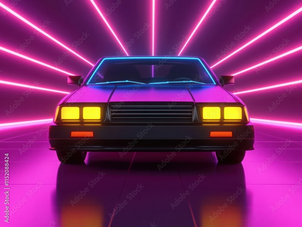 Fototapeta premium Retro Car with Neon Lights in a Futuristic Background, Radiating Vibrant Colors and Bold Geometry, Perfect for 80s Inspired Themes and Creative Projects