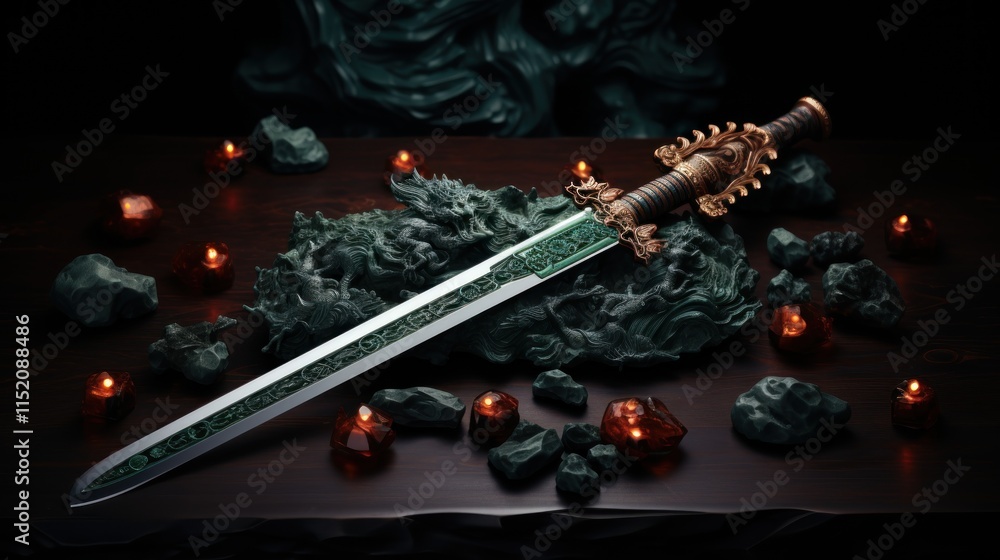 Mystic Dragon Sword: An Enchanting Blade Resting on Jade Dragon Sculpture Mystic Dragon Sword: An Enchanting Blade Resting on Jade Dragon Sculpture