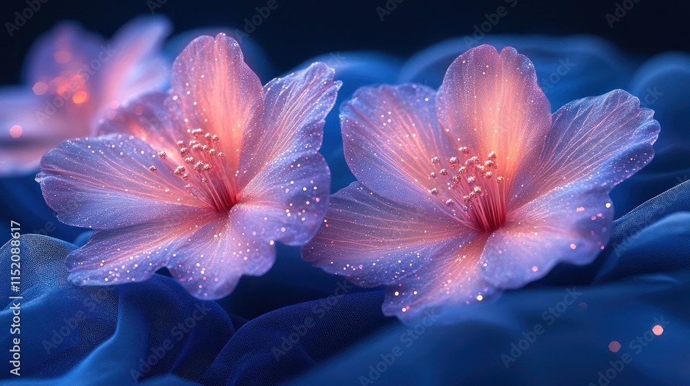 Two luminous pink flowers with glitter on blue fabric. Two luminous pink flowers with glitter on blue fabric.