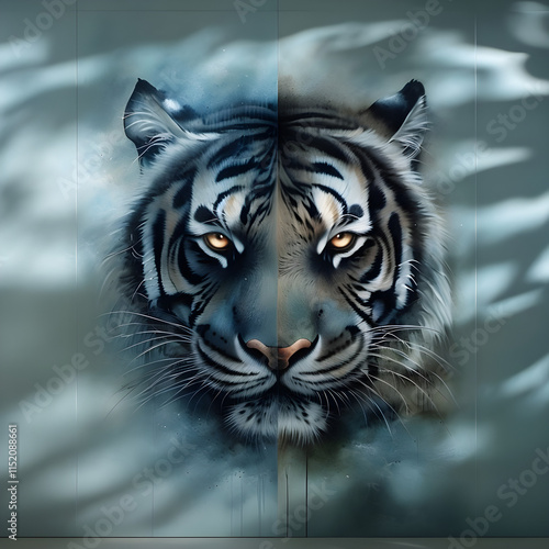 disegno di possente tigre con sguardo fiero e feroce guarda lo spettatore, drawing of mighty tiger with proud and ferocious gaze looks at the viewer photo