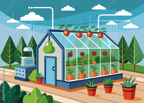 A smart greenhouse with climate control systems and automated watering, growing fresh vegetables.