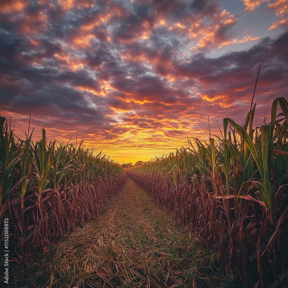 Fototapeta premium A sugarcane field under a cloudy sky at sunset, capturing the rich textures of the tall sugarcane plants against the dramatic, colorful sky.
