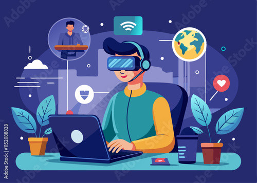 A person using a VR headset for a virtual meeting, representing remote work in the 4th Industrial Revolution.