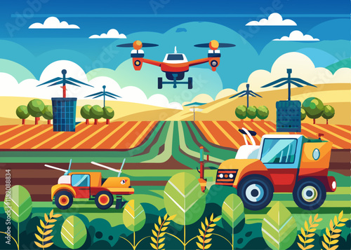 AA smart agriculture system with drones, sensors, and automated tractors in a vast field.