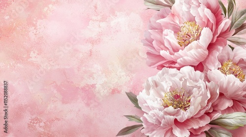 Fototapeta Naklejka Na Ścianę i Meble -  Tender peonies on pink background with copy space. Abstract natural floral frame layout with text space. Romantic feminine composition. Wedding invitation. International Women day, Mother Day concept