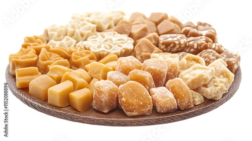 A close-up of traditional Eid sweets arranged on a platter, isolated on white  photo