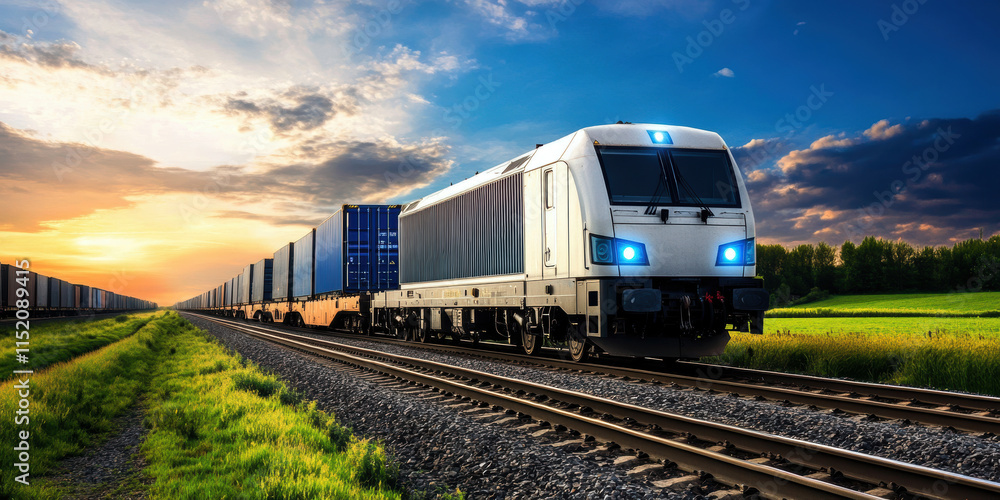 A sleek, modern freight train travels along the tracks at sunset, surrounded by lush green fields, showcasing the beauty of transportation and nature in harmony. A sleek, modern freight train travels along the tracks at sunset, surrounded by lush green fields, showcasing the beauty of transportation and nature in harmony.