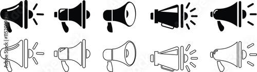 Silhouette speaker megaphone icon set in minimal styles, Concept of communication and announcements, Sports svg, Cheers Vector. social media icons, stop horn. isolated on transparent background,