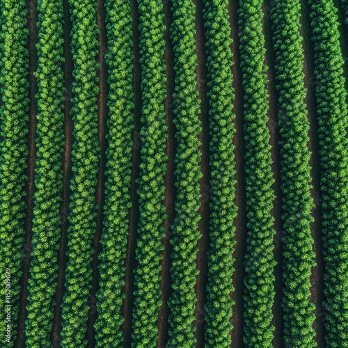 A top view of planted soy crops reveals neatly arranged rows of vibrant green soybeans, highlighting their healthy growth and the organized planting pattern. photo