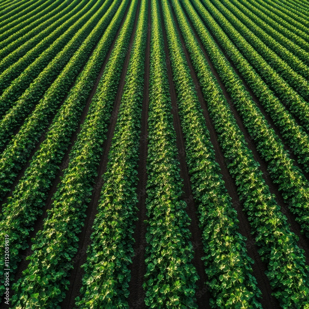 A top view of planted soy crops reveals neatly arranged rows of vibrant green soybeans, highlighting their healthy growth and the organized planting pattern. A top view of planted soy crops reveals neatly arranged rows of vibrant green soybeans, highlighting their healthy growth and the organized planting pattern.