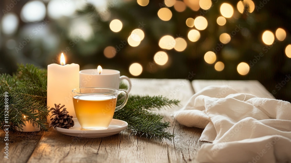 Cozy Candlelight Atmosphere with Glowing Candles and Warm Drink for Candlemas Cozy Candlelight Atmosphere with Glowing Candles and Warm Drink for Candlemas