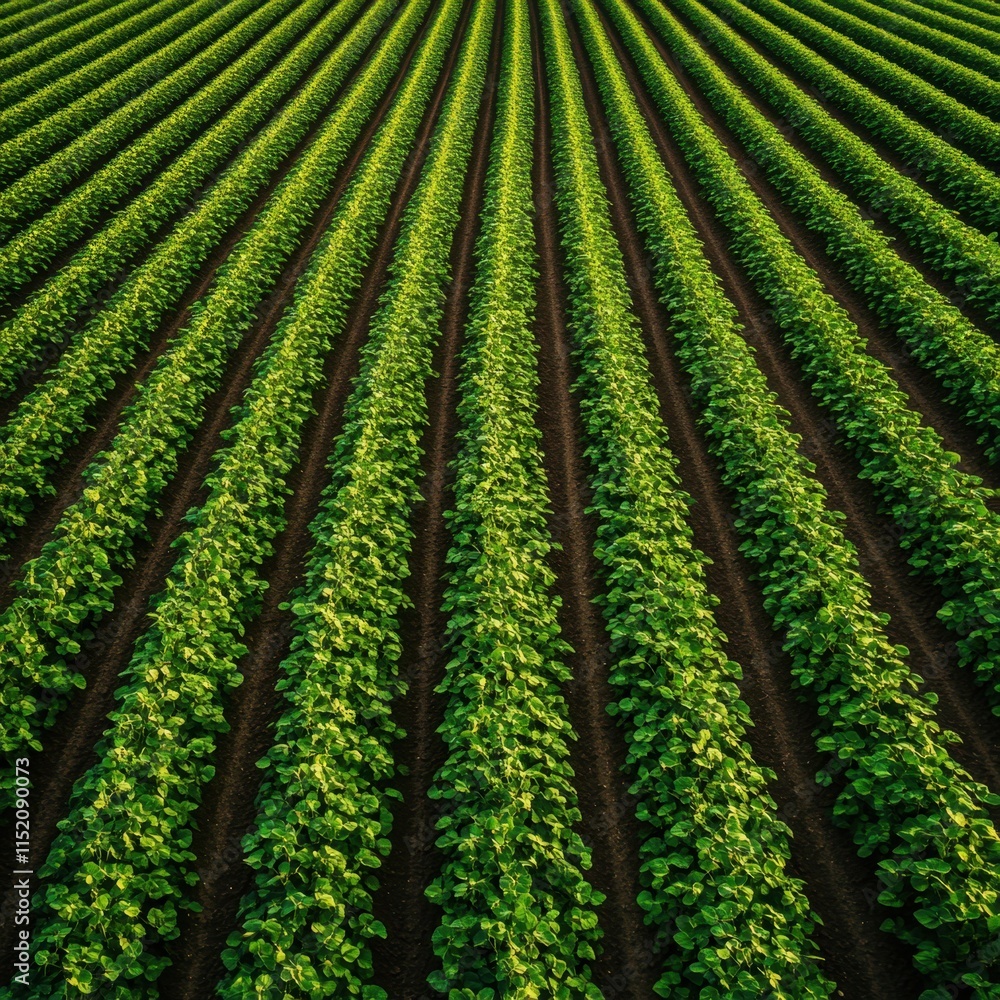 A top view of planted soy crops reveals neatly arranged rows of vibrant green soybeans, highlighting their healthy growth and the organized planting pattern. A top view of planted soy crops reveals neatly arranged rows of vibrant green soybeans, highlighting their healthy growth and the organized planting pattern.