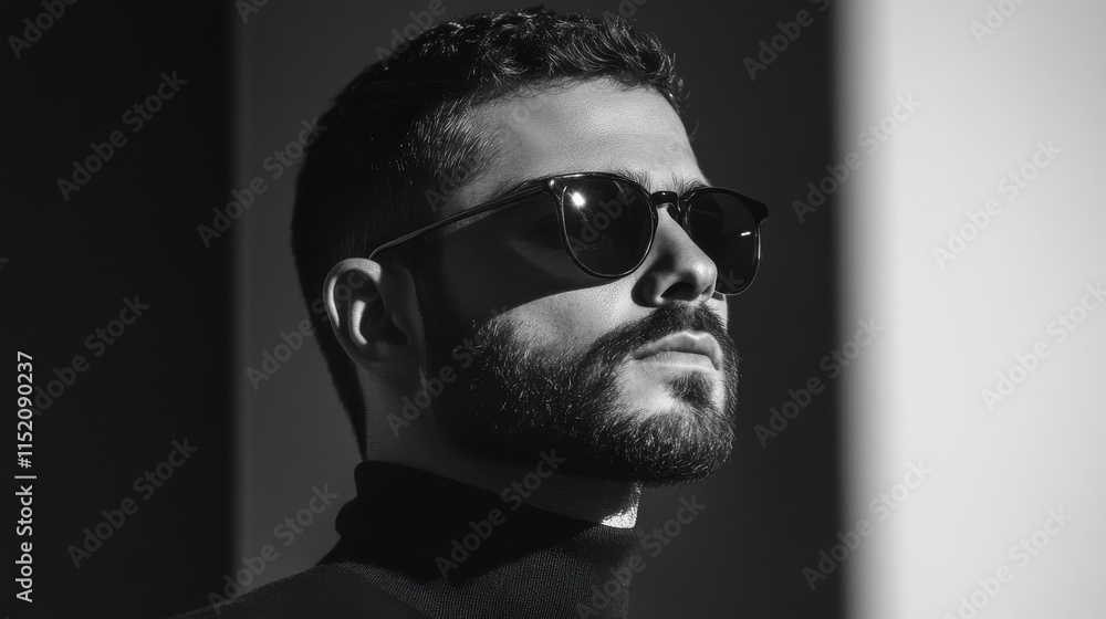 Fototapeta premium A man with a beard and glasses is wearing a black shirt