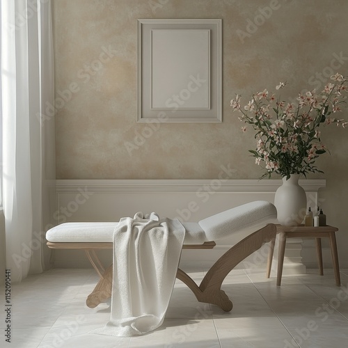 A tranquil spa scene featuring stones, flowing water, candles, and flowers in a garden setting. photo