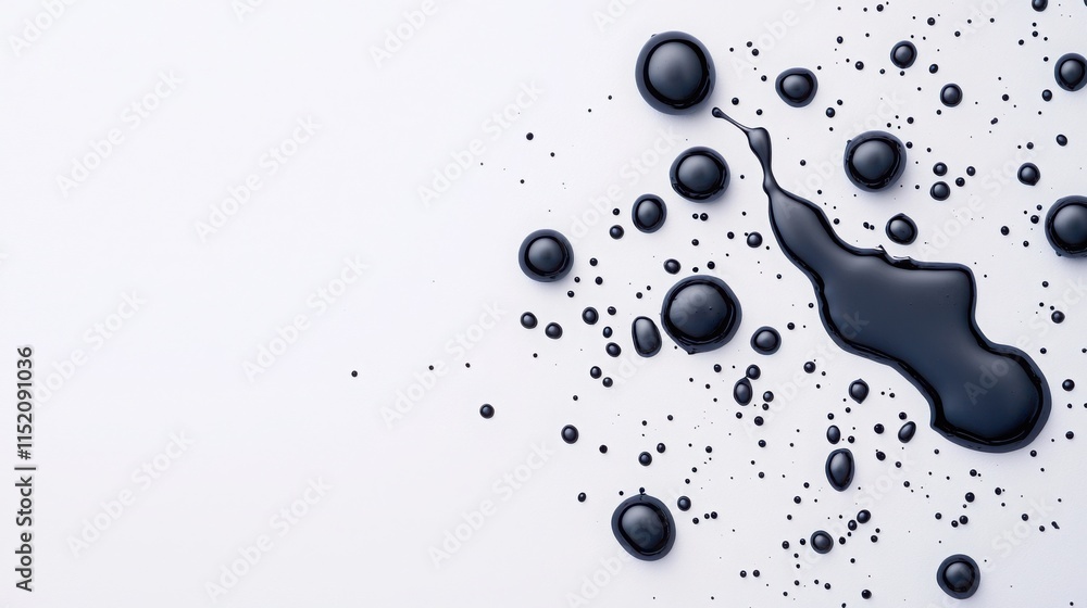 tiny black ink droplets suspended mid-air, captured with high-speed photography against a pure white background tiny black ink droplets suspended mid-air, captured with high-speed photography against a pure white background