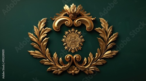 A sophisticated royal crest with gold leaf detailing, softly backlit on a deep emerald green background