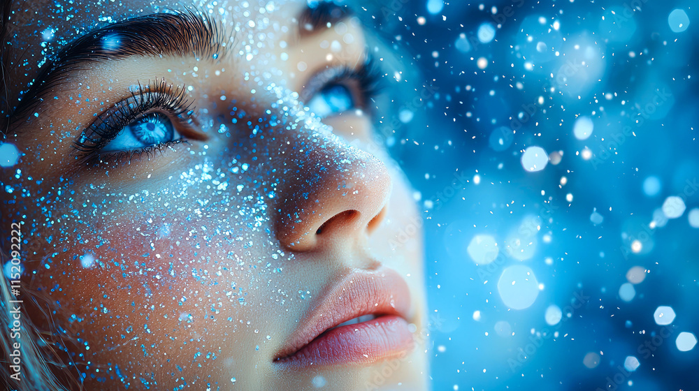 Close-up of woman's face with blue glitter, looking up. Close-up of woman's face with blue glitter, looking up.