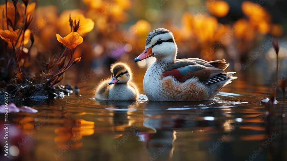 Mandarin Duck and Duckling in Autumnal Pond Mandarin Duck and Duckling in Autumnal Pond