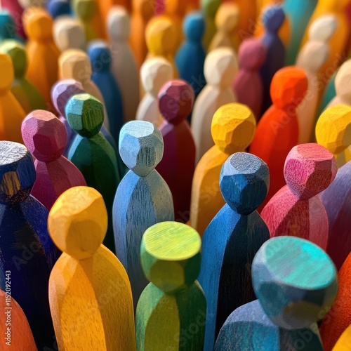 A vibrant array of colorful wooden figures symbolizing diversity and inclusion within society, showcasing different shapes and hues to represent the unity and variety of human experiences. photo