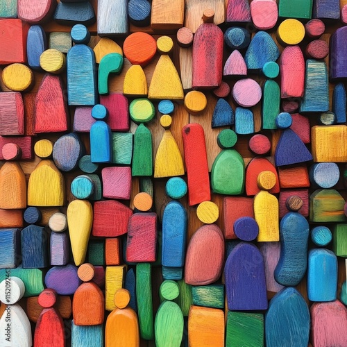 A vibrant array of colorful wooden figures symbolizing diversity and inclusion within society, showcasing different shapes and hues to represent the unity and variety of human experiences. photo