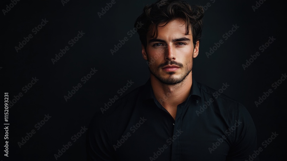 A man with a beard and a black shirt is standing in front of a black background A man with a beard and a black shirt is standing in front of a black background