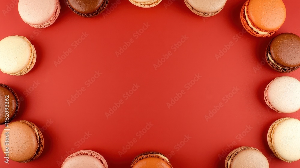 Colorful French macarons arranged in a circle on red background Colorful French macarons arranged in a circle on red background