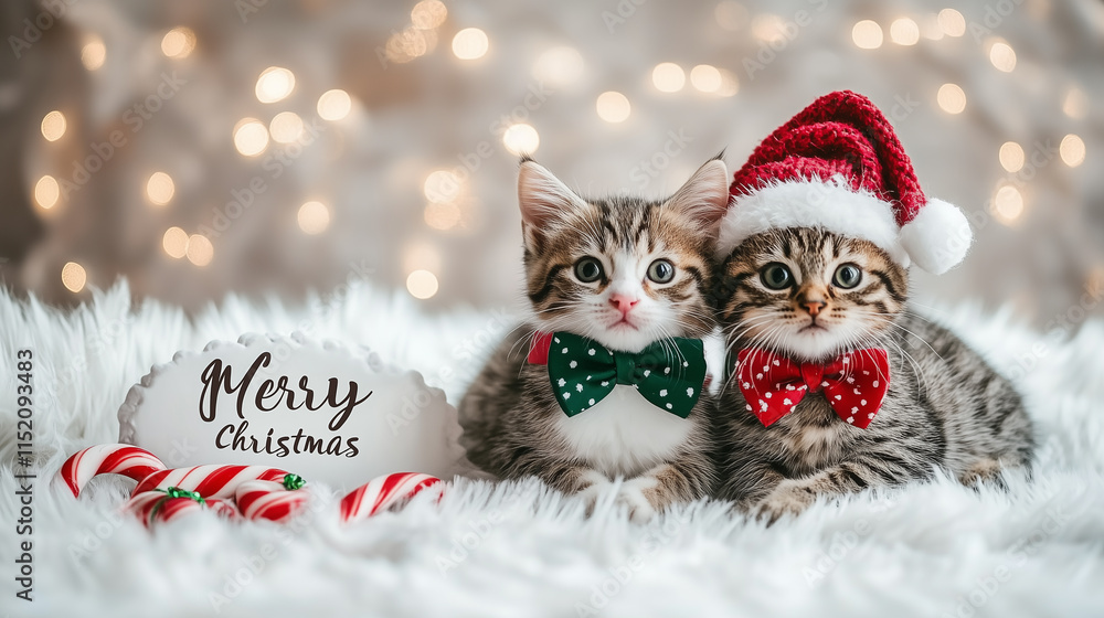 Christmas card with candy cane and snow, two cute cats in Christmas hats sitting next to each other on the ground with colorful bows around their necks, white fur background with northern lights, larg Christmas card with candy cane and snow, two cute cats in Christmas hats sitting next to each other on the ground with colorful bows around their necks, white fur background with northern lights, larg