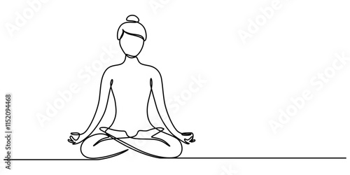Single line drawing of a girl sitting in a yoga pose. Doodle illustration of relaxing workout, One continuous single line of woman sitting yoga isolated on white background, Person sitting in lotus. 