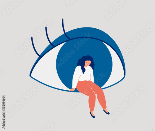 Woman sitting on big eye. Reflection and awareness to herself. discovery inner world and soul-searching. observation to your thoughts and feeling. Vector illustration