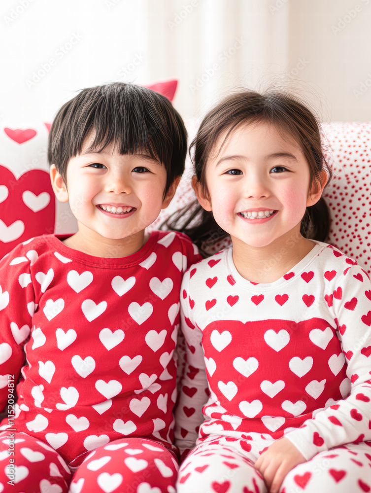 Playful children in heart pajamas enjoying a warm and joyful home environment Playful children in heart pajamas enjoying a warm and joyful home environment