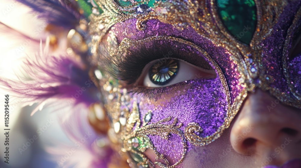 Close-up of a vibrant masquerade mask adorned with feathers and jewels. Close-up of a vibrant masquerade mask adorned with feathers and jewels.