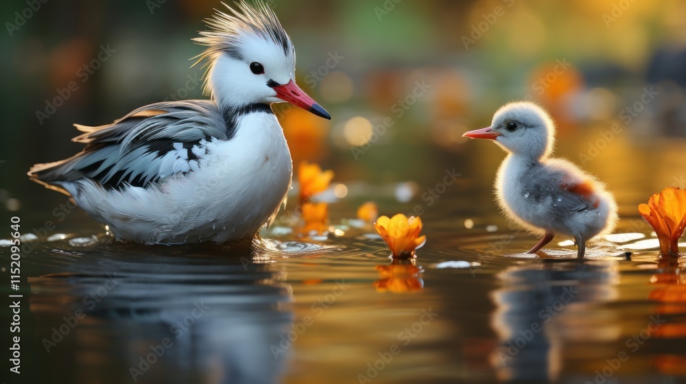 Obraz premium A Heartwarming Encounter: Adult and Baby White-faced Whistling Duck in Golden Hour