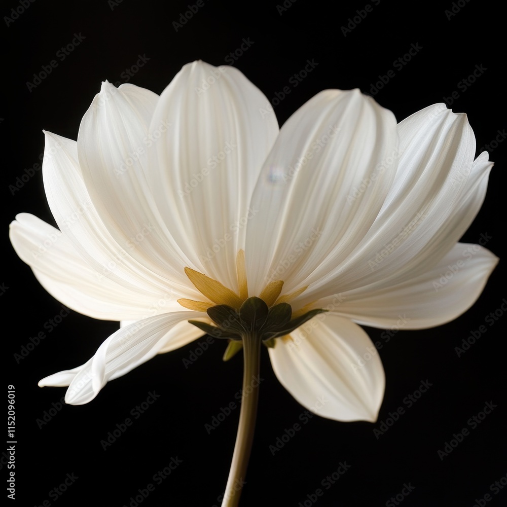 Fototapeta premium A white flower against a black background, creating a striking contrast that highlights the flower's delicate details and purity.