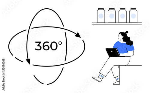 Woman with ponytail sitting on bench using laptop. 360-degree symbol with arrows, shelf with four jars. Ideal for education, technology, virtual reality, online learning, digital content, remote