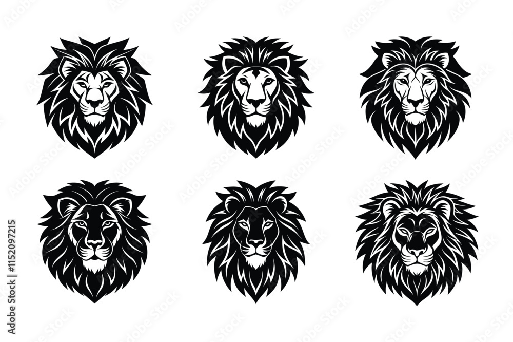 Wild roaring lion king head Silhouette set. Tatto vector illustration Wild roaring lion king head Silhouette set. Tatto vector illustration