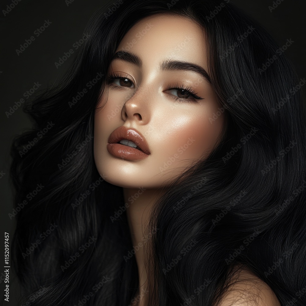 Fototapeta premium A stunning close-up portrait of a woman with long, sleek black hair cascading down her shoulders.