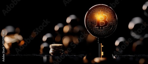 Wallpaper Mural A close-up of a Bitcoin coin shining among digital currency stacks. Torontodigital.ca