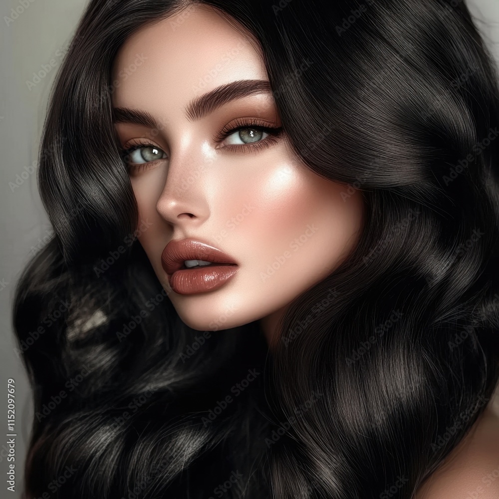 A stunning close-up portrait of a woman with long, sleek black hair cascading down her shoulders. A stunning close-up portrait of a woman with long, sleek black hair cascading down her shoulders.