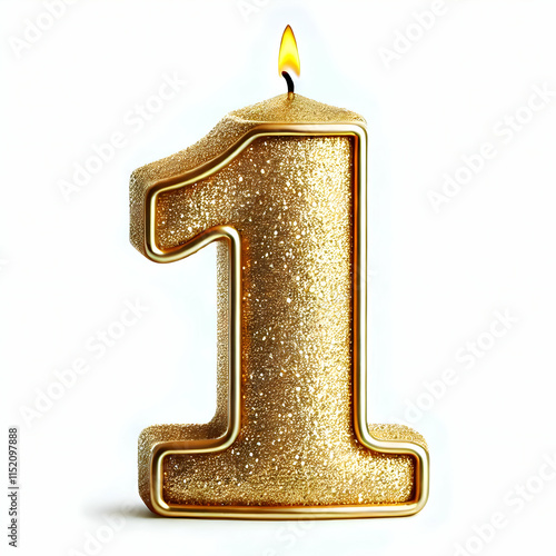 Golden candle number 1 in glitter texture isolated on white background