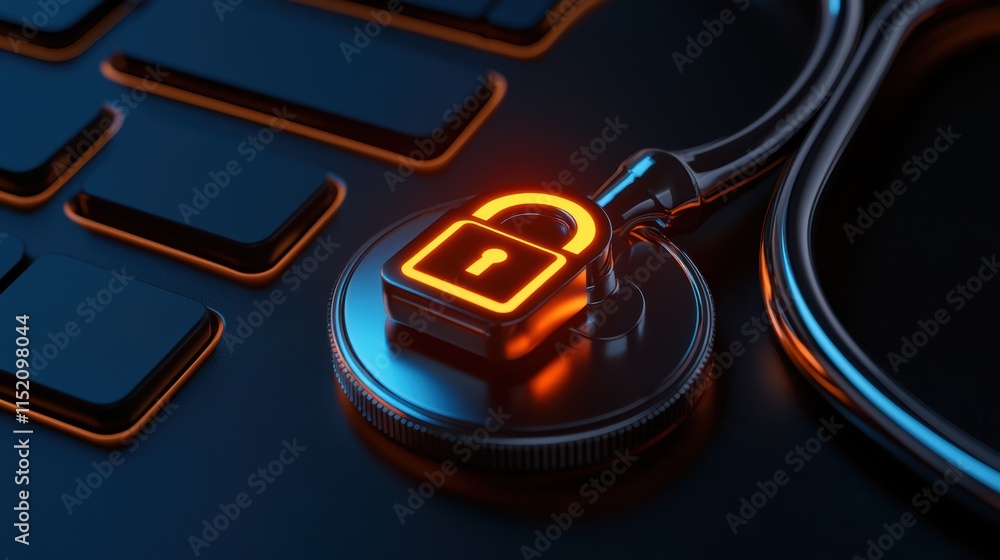 A digital lock icon on a stethoscope symbolizing cybersecurity in healthcare. A digital lock icon on a stethoscope symbolizing cybersecurity in healthcare.