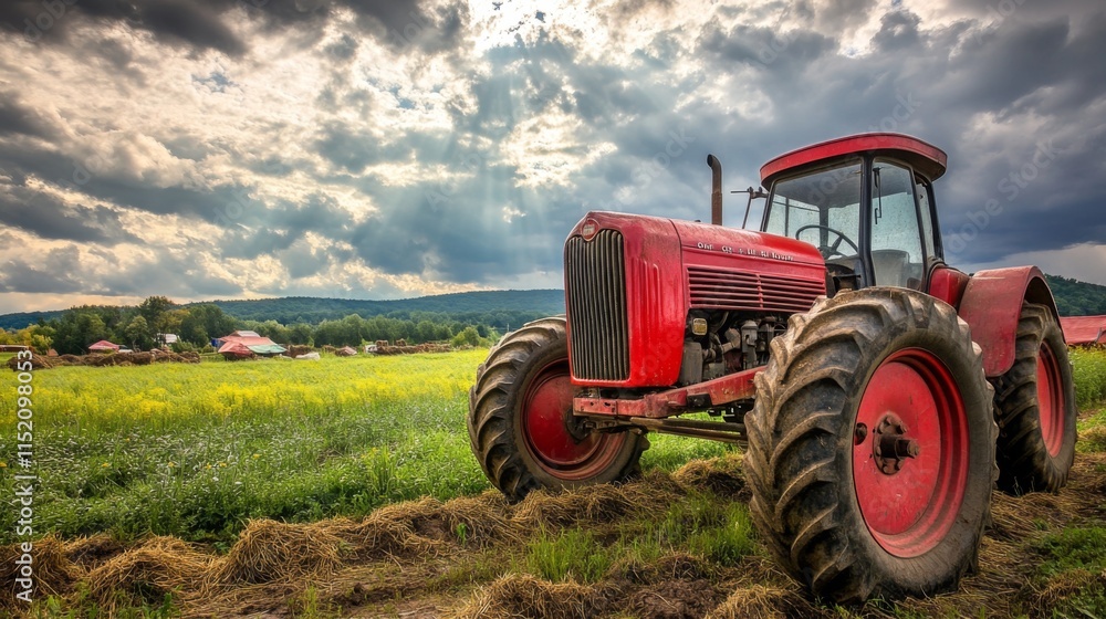 Rustic Tractor in Overcast Field Landscape Rustic Tractor in Overcast Field Landscape