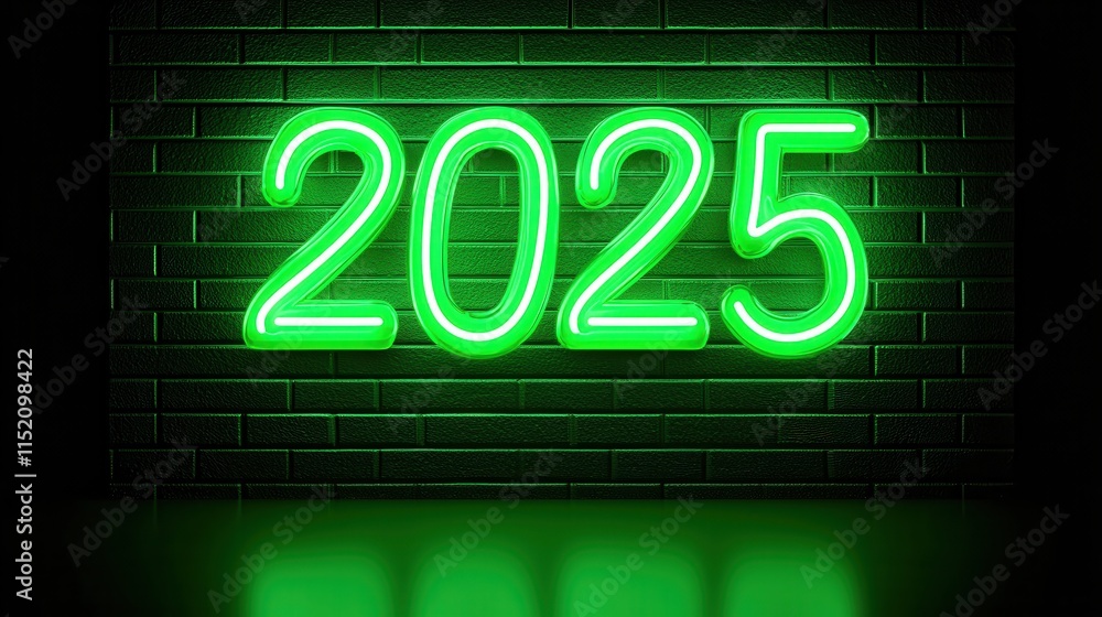 Bright Neon Sign of the Year 2025 on Dark Brick Wall Background Bright Neon Sign of the Year 2025 on Dark Brick Wall Background
