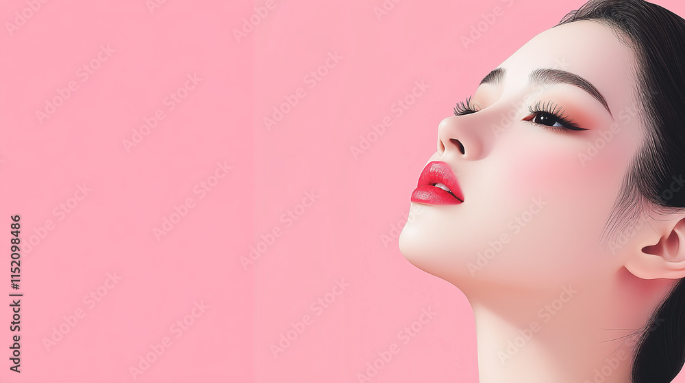 New Year, Christmas minimalist cosmetology banner with copy space, clean background, Asian woman, beauty industry New Year, Christmas minimalist cosmetology banner with copy space, clean background, Asian woman, beauty industry