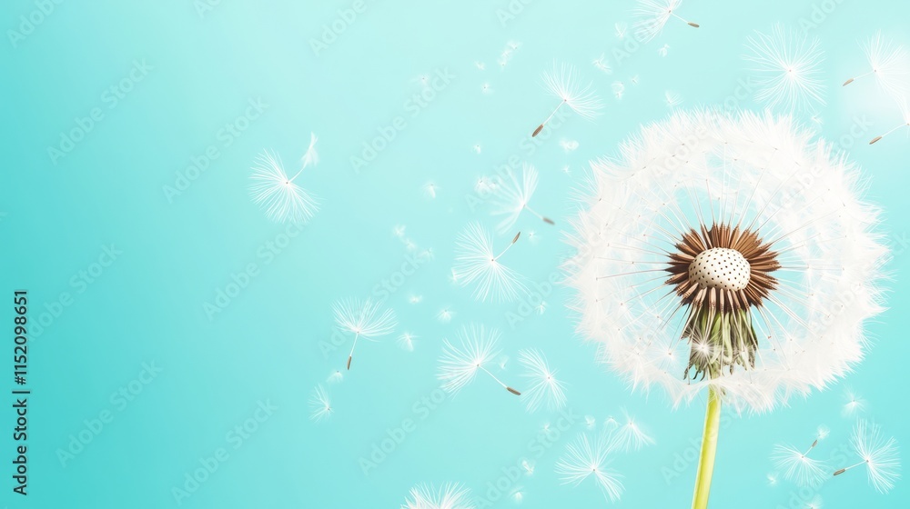 Dandelion with seeds blowing away in the wind across a clear blue sky with copy space
Dandelion with seeds blowing away in the wind across a clear blue sky with copy space