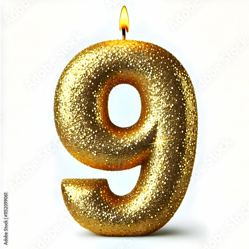 Golden candle number 9 in glitter texture isolated on white background