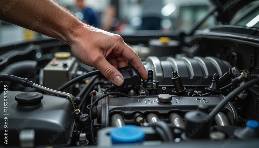Help Concept hand inspecting car engine in a workshop Help Concept hand inspecting car engine in a workshop