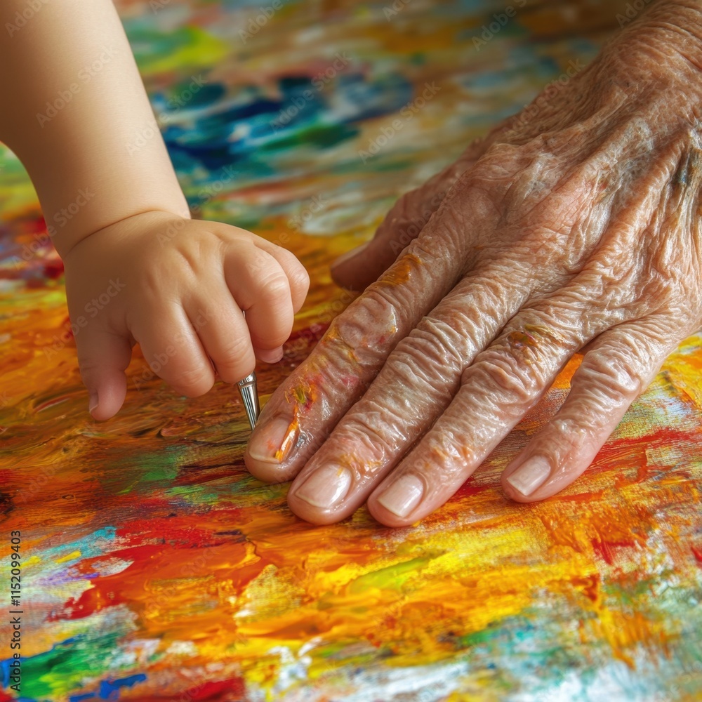 A wrinkled hand gently guides a child's finger as they paint together, symbolizing the connection between generations through shared creativity and love. A wrinkled hand gently guides a child's finger as they paint together, symbolizing the connection between generations through shared creativity and love.
